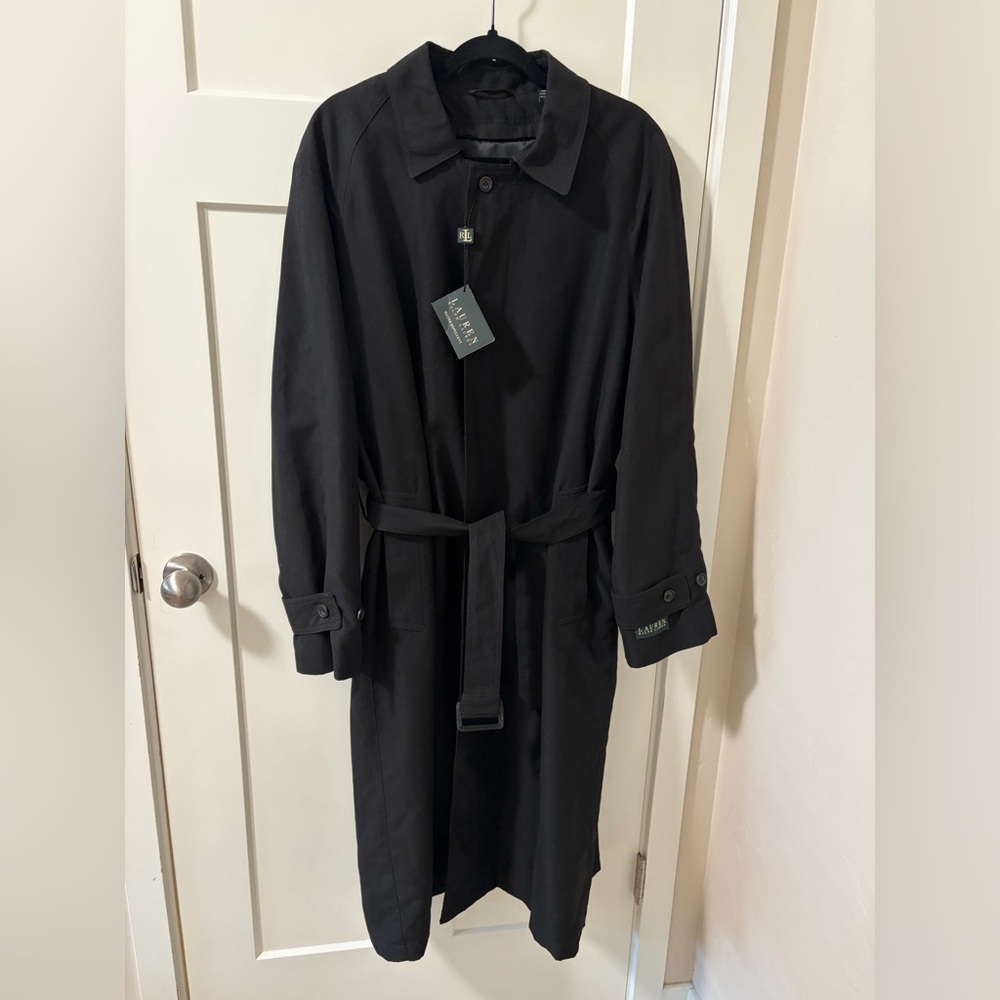 Ralph Lauren Trench Coat Black Balmacaan Style Maxi Raincoat 40L